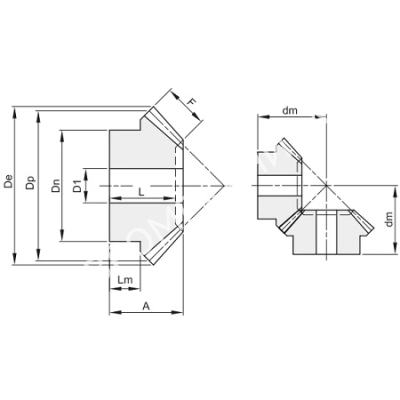 Коническая шестерня прямозубая, тип А, i=1, M=2,5, Z=20 - Евромеханика